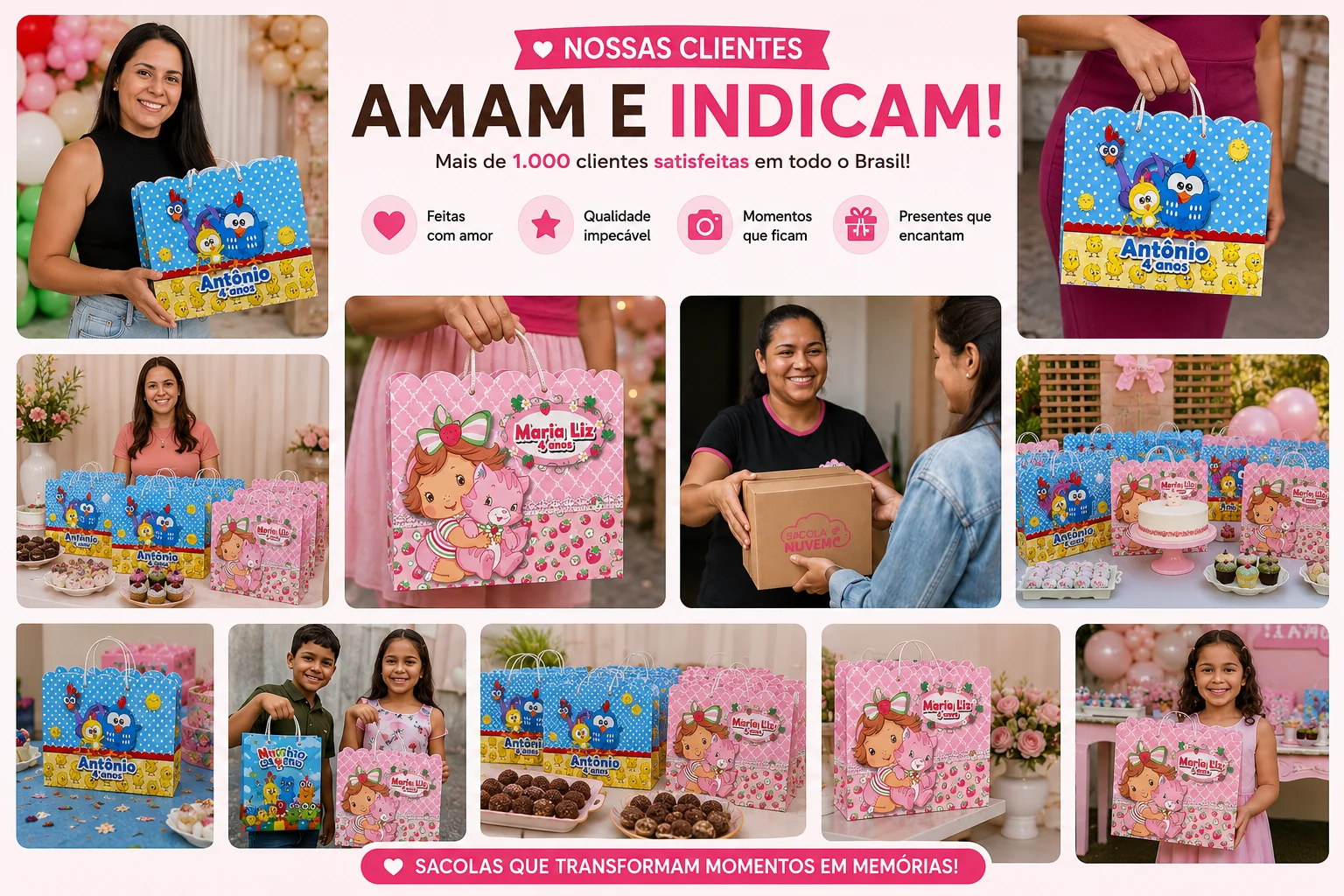 Cliente real satisfeita com a sacola personalizada